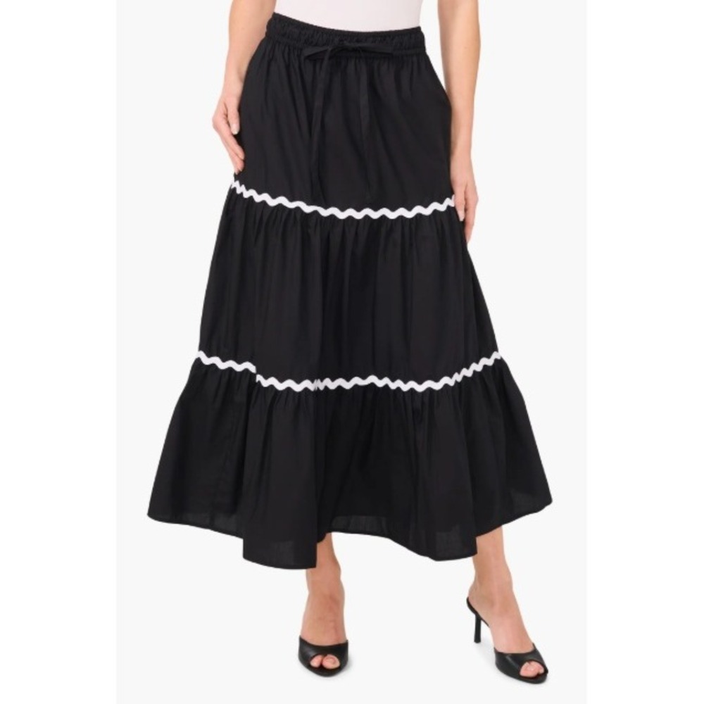 Cece Rickrack Trim Maxi Skirt Black White Boho Cottage Boho Tiered Size Small